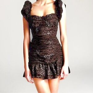 XXI Twist Leopard Ruched Puff Sleeve Mini Dress Size Small y2k mobwife coquette